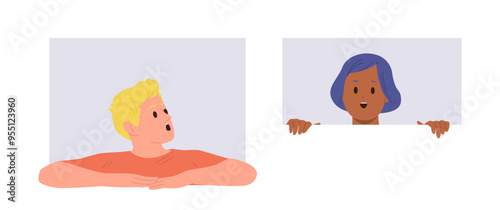 Amazed teenage boy and surprised young girl cartoon characters peeking out hole isolated on white