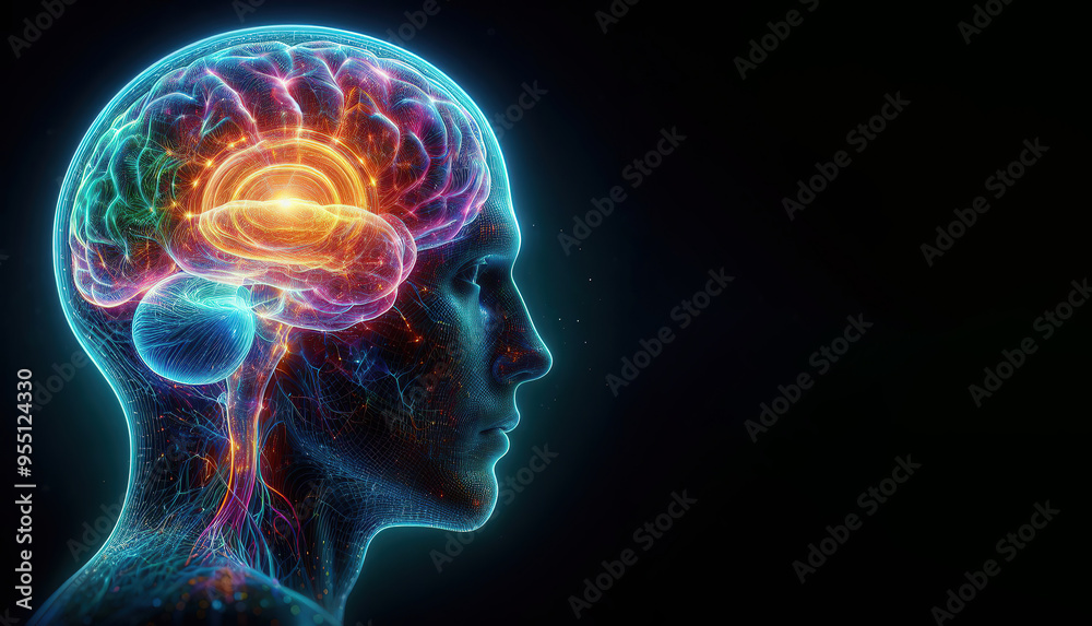 Hologram of the brain. Wireframe glowing low poly design on dark background, healthy brain concept Hologram of the brain. Wireframe glowing low poly design on dark background, healthy brain concept