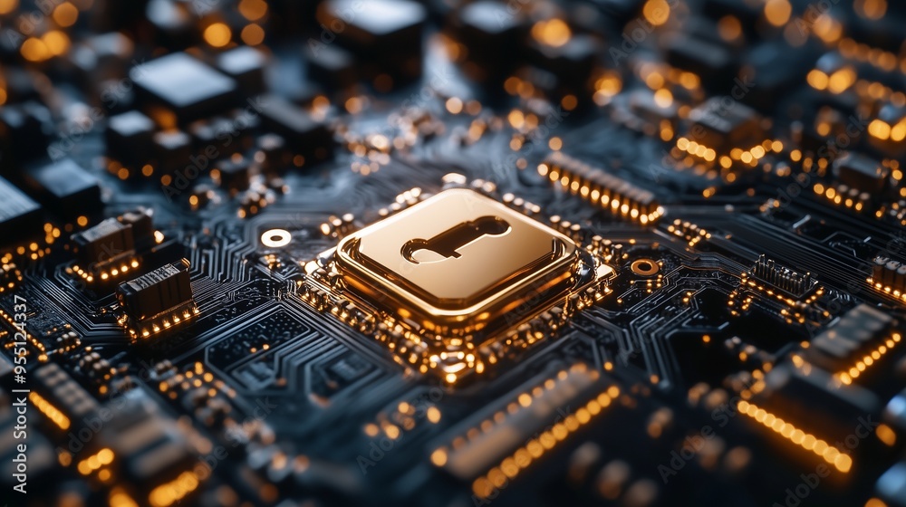 Obraz premium International Data Protection Day. Secure Core. a central processing unit (CPU) with a key symbol on it, placed on a motherboard with numerous circuits and electronic components.