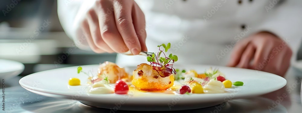 A chef is carefully plating an elegant dish on the kitchen counter, with other plates of food in soft focus behind them A chef is carefully plating an elegant dish on the kitchen counter, with other plates of food in soft focus behind them