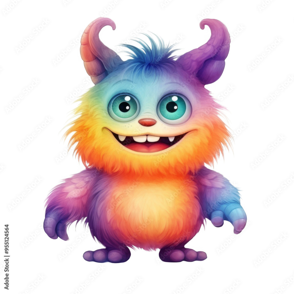A Colorful, Smiling, Furry Monster with Big Eyes and Horns A Colorful, Smiling, Furry Monster with Big Eyes and Horns