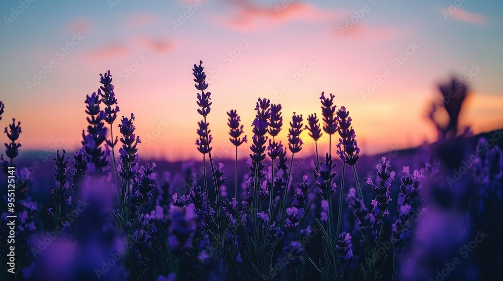 Fototapeta premium Lavender fields at dusk, with the horizon glowing softly and the purple flowers becoming silhouettes against the deepening sky