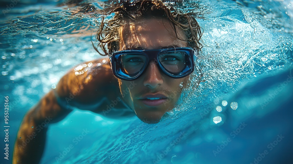Fototapeta premium Riding the Perfect Wave: Skilled Surfer Carving Through the Water with Focus and Balance, Beach in the Distance