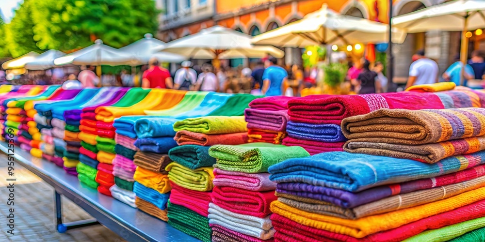 Colorful cotton towels displayed on a counter at a vibrant street festival Colorful cotton towels displayed on a counter at a vibrant street festival