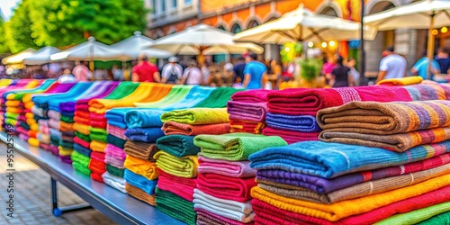 Colorful cotton towels displayed on a counter at a vibrant street festival