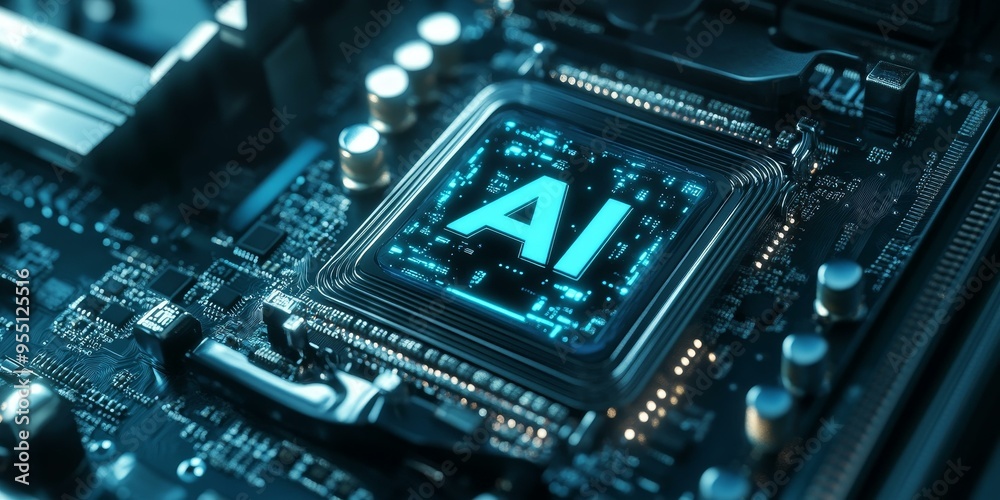 Fototapeta premium AI chip on circuit board, glowing blue.