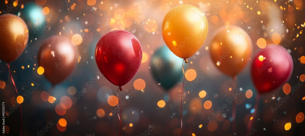 Balloons on bokeh light sparkle background. Birthday anniversary wedding party event. Generative AI technology. Balloons on bokeh light sparkle background. Birthday anniversary wedding party event. Generative AI technology.