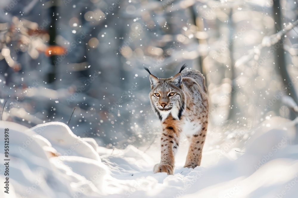 A striking image of a European lynx prowling silently through a snowy forest A striking image of a European lynx prowling silently through a snowy forest