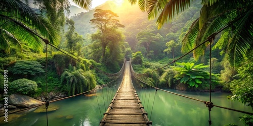 Fototapeta Naklejka Na Ścianę i Meble -  Vintage suspension bridge in lush jungle landscape, crossing over a river in an adventurous travel scene