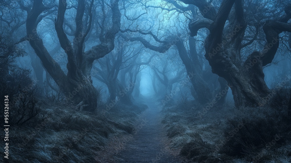 Mysterious path through a misty forest, blue toned with sunlight peeking through the trees. Mysterious path through a misty forest, blue toned with sunlight peeking through the trees.