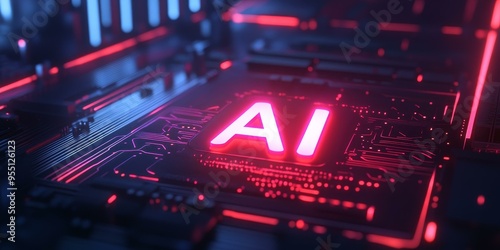 AI glowing in red on futuristic circuit board.