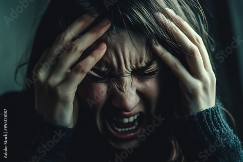 An intense and emotional image of an angry and depressed woman holding her head with both hands, her face contorted in a scream of distress