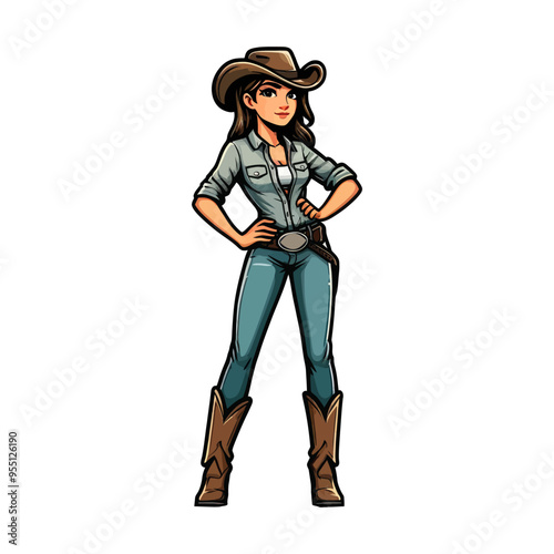 Vector illustration of a strong, standing cowgirl with hands on hips. Ideal for Western and empowerment-themed designs.