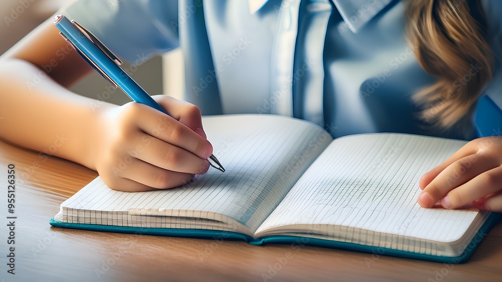 Schoolboy at her desk writing in a notebook, close-up. Boy student at her desk with a pen and notebook. Beginning of the school year, back to school. Schoolboy at her desk writing in a notebook, close-up. Boy student at her desk with a pen and notebook. Beginning of the school year, back to school.