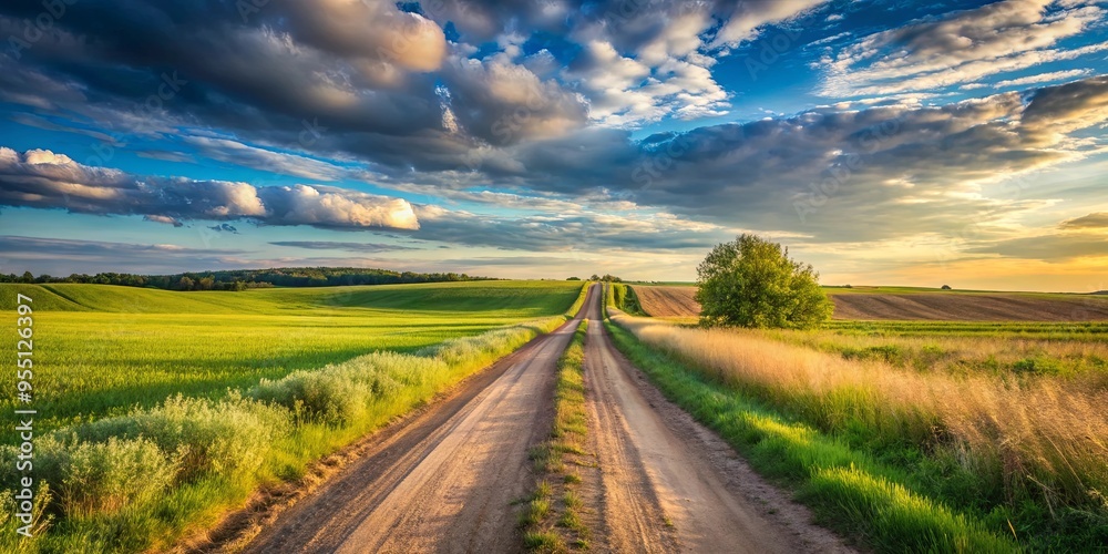 Obraz premium Rustic dirt road in a rural field under a spring sky