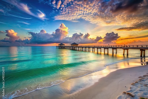 Serene tropical beachscape with soft white sand, clear turquoise water, and a picturesque pier stretching into the calm Gulf of Mexico horizon at sunset. photo