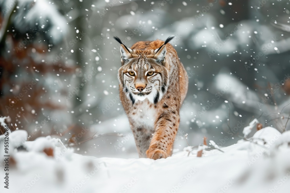 Obraz premium A striking image of a European lynx prowling silently through a snowy forest 