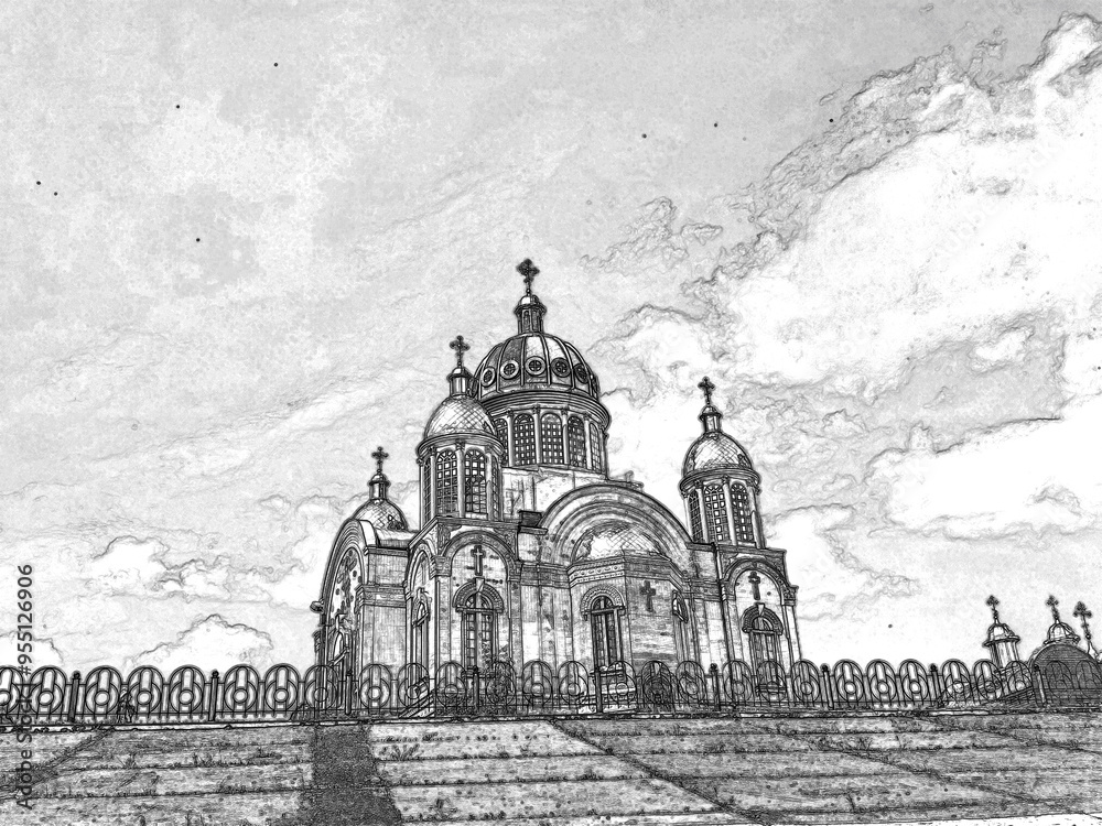Fototapeta premium Christian orthodox church building in the city, pencil drawn sketchy draft illustration