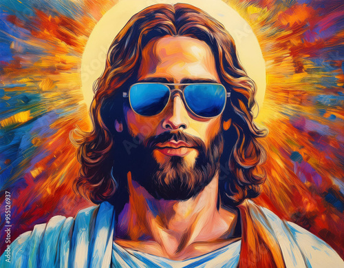 Portrait of Jesus Wearing Sunglasses Modern Summer Illustration Capturing Iconic Headshot