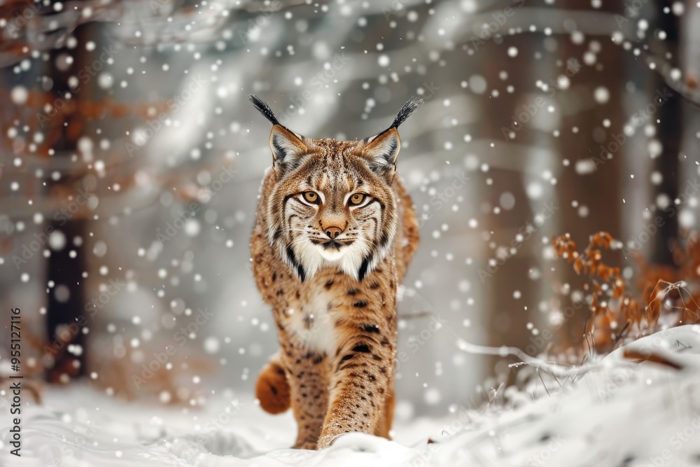 A striking image of a European lynx prowling silently through a snowy forest A striking image of a European lynx prowling silently through a snowy forest