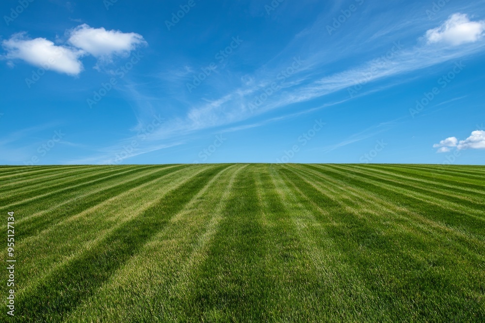 A well-trimmed green grass field with blue sky A well-trimmed green grass field with blue sky
