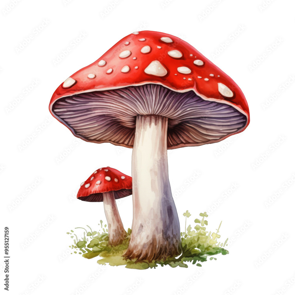 Two Red and White Spotted Mushrooms with Purple Gills on Green Grass Two Red and White Spotted Mushrooms with Purple Gills on Green Grass