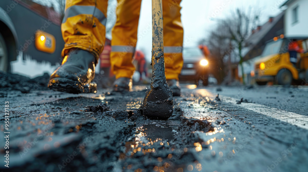 Closeup of Labor applying tar sealant to fix fissures evening time