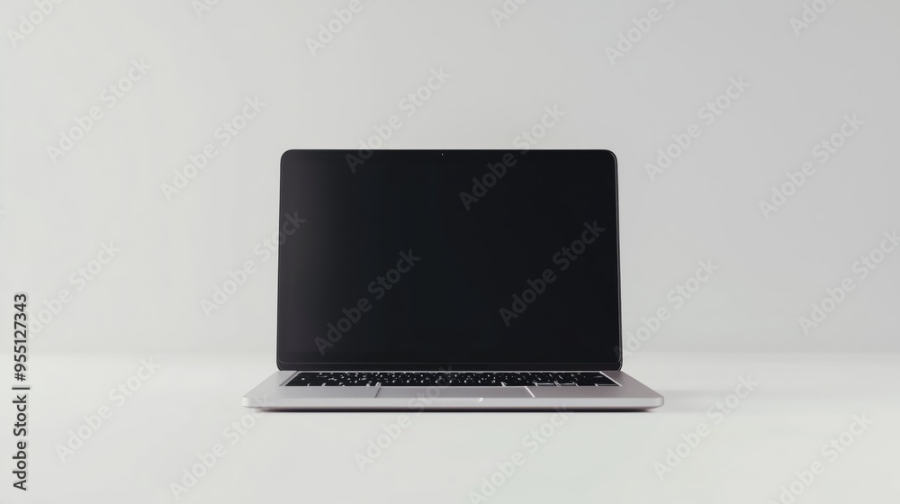 Modern conceptual shot of a single, sleek silver laptop with a thin profile, centered on a clean white background. Screen turned off, showcasing its smooth metallic surface and slim design Modern conceptual shot of a single, sleek silver laptop with a thin profile, centered on a clean white background. Screen turned off, showcasing its smooth metallic surface and slim design