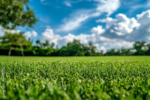 A well-trimmed green grass field with blue sky 