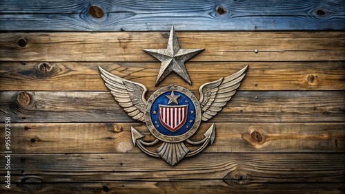 silver Army star, gold Navy anchor, Air Force wings, Marine Corps eagle, and Coast Guard crest, arranged on a weathered wooden background.