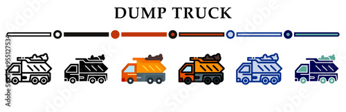 Dump truck icons set. 6 Various styles. For sign, symbol, element, presentation, infographic or web graphics. Vector Illustration.