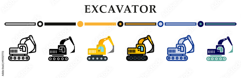 Excavator icons set. 6 Various styles. For sign, symbol, element, presentation, infographic or web graphics. Vector Illustration. Excavator icons set. 6 Various styles. For sign, symbol, element, presentation, infographic or web graphics. Vector Illustration.
