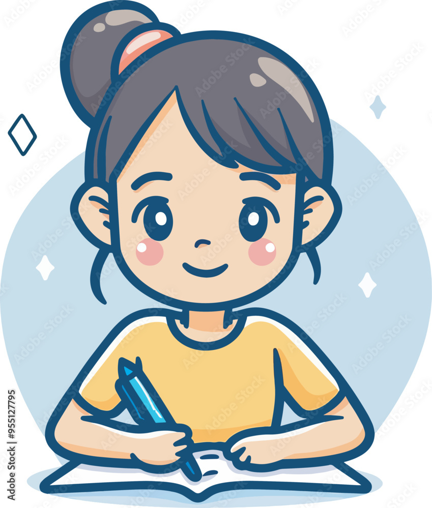 Cute Little Girl Writing In Notebook Education Concept Illustration Cute Little Girl Writing In Notebook Education Concept Illustration