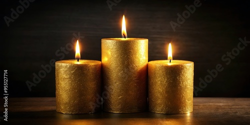 Three golden candles shining brightly in the dark