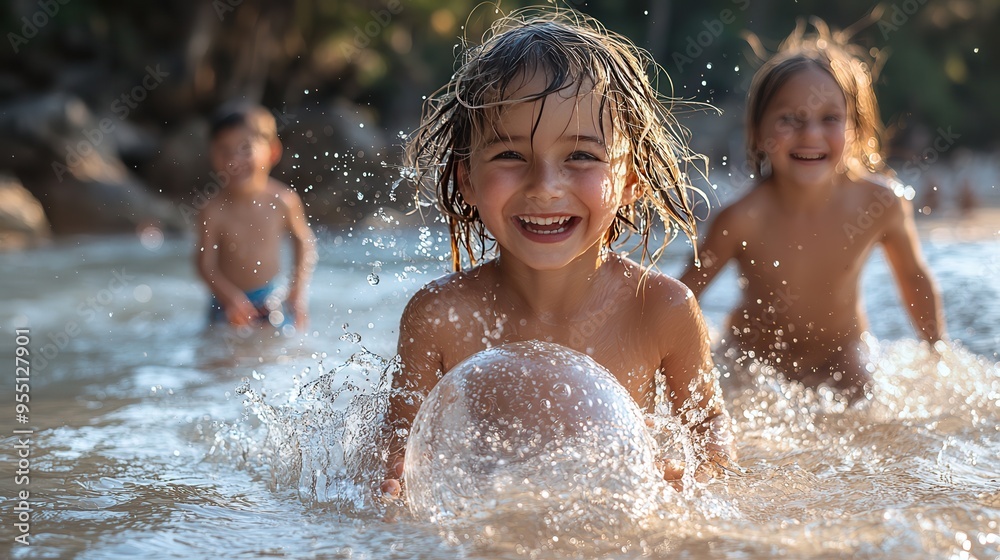 Joyful Family Beach Day - Happy family having fun playing with beach ball in shallow water, creating splashes and laughter together at the beach. Joyful Family Beach Day - Happy family having fun playing with beach ball in shallow water, creating splashes and laughter together at the beach.