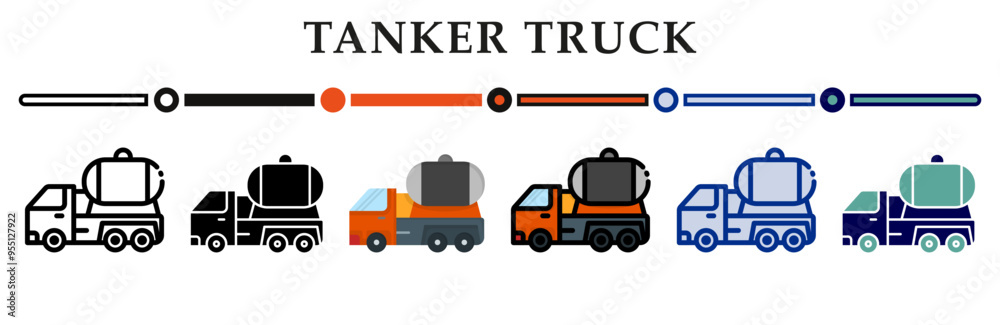 Tanker truck icons set. 6 Various styles. For sign, symbol, element, presentation, infographic or web graphics. Vector Illustration. Tanker truck icons set. 6 Various styles. For sign, symbol, element, presentation, infographic or web graphics. Vector Illustration.