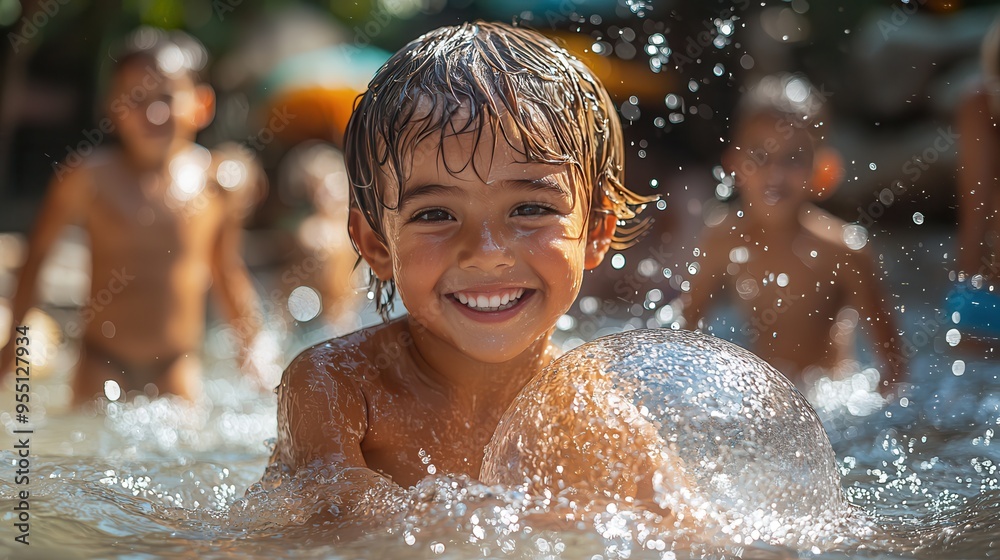 Obraz premium Joyful Family Beach Day - Kids Playing with Beach Ball in Shallow Water, Splashing and Laughing Together on Summer Vacation