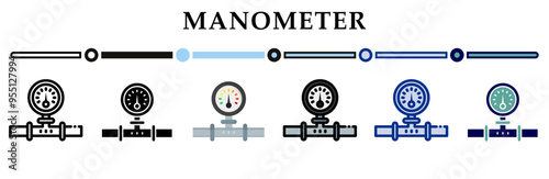 Manometer icons set. 6 Various styles. For sign, symbol, element, presentation, infographic or web graphics. Vector Illustration.