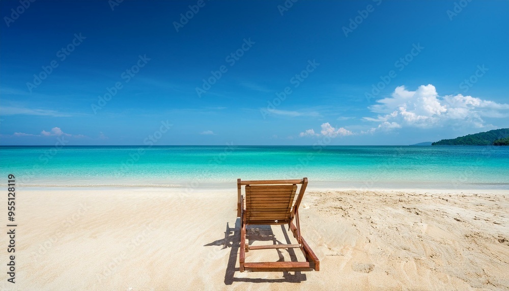 Empty beach chair facing serene turquoise ocean Empty beach chair facing serene turquoise ocean