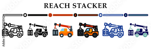 Reach stacker icons set. 6 Various styles. For sign, symbol, element, presentation, infographic or web graphics. Vector Illustration.