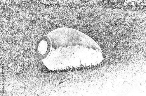 Old Georgian wine jar in the grass, pencil drawn sketchy draft illustration photo