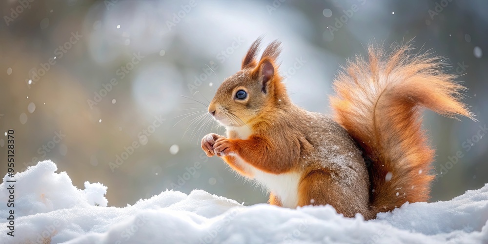Cute red squirrel playing in the falling snow during winter in England Cute red squirrel playing in the falling snow during winter in England