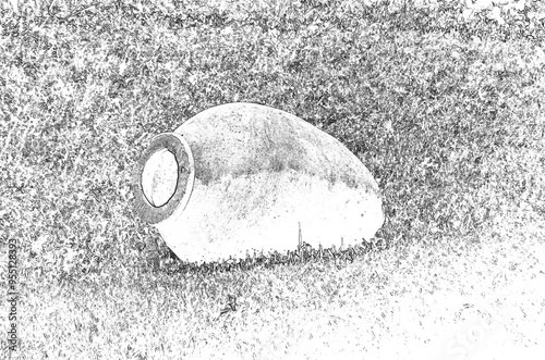 Old Georgian wine jar in the grass, pencil drawn sketchy draft illustration photo