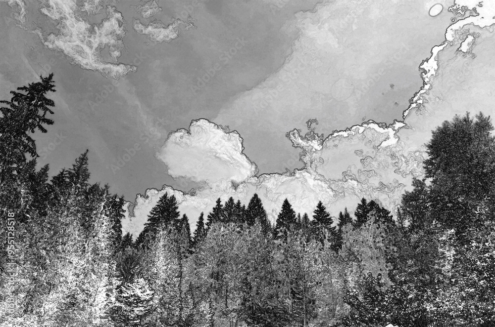 Perspective view of a summer forest, woods pencil drawn sketchy draft illustration Perspective view of a summer forest, woods pencil drawn sketchy draft illustration