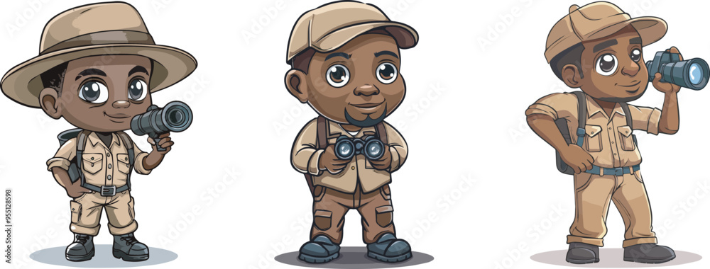 Fototapeta premium Cute African American Explorer Boy With Binoculars Safari Adventure Cartoon Illustration Background Kids Travel Nature Wildlife Exploration Discovering Curiosity Learning Mascot Logo Icon Design