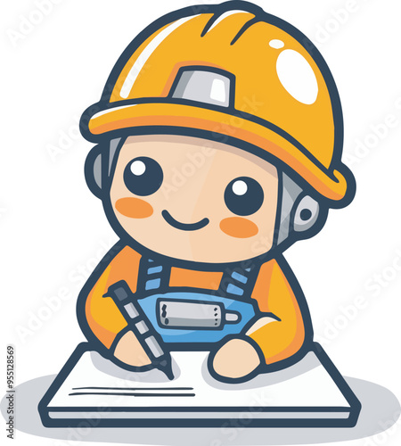 Cute Cartoon Construction Worker Writing On Paper Character Design Mascot Illustration Graphics For Business Project Property Development Safety Regulations Labor Rights Building And