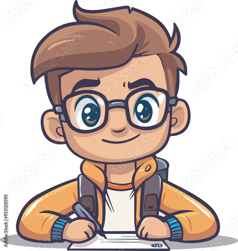 Cute cartoon boy writing signing document schoolboy studying homework education concept illustration isolated