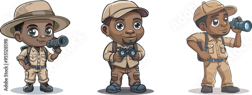 Cute African American Explorer Boy With Binoculars Safari Adventure Cartoon Illustration Background Kids Travel Nature Wildlife Exploration Discovering Curiosity Learning Mascot Logo Icon Design