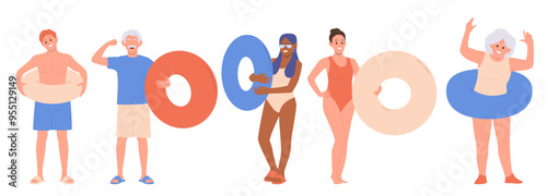 Diverse people tourist cartoon characters of different age standing with inflatable rings set