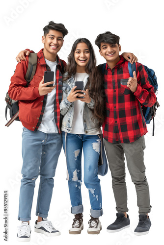 Indian student using smartphone for selfie with transparent background